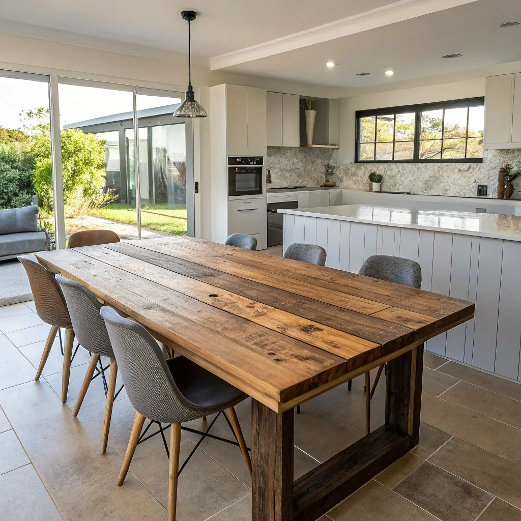 Recycled dining table in modern kitchen